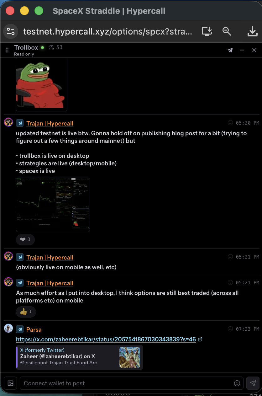 Trollbox showing Telegram-bridged messages, images, reactions, and link previews