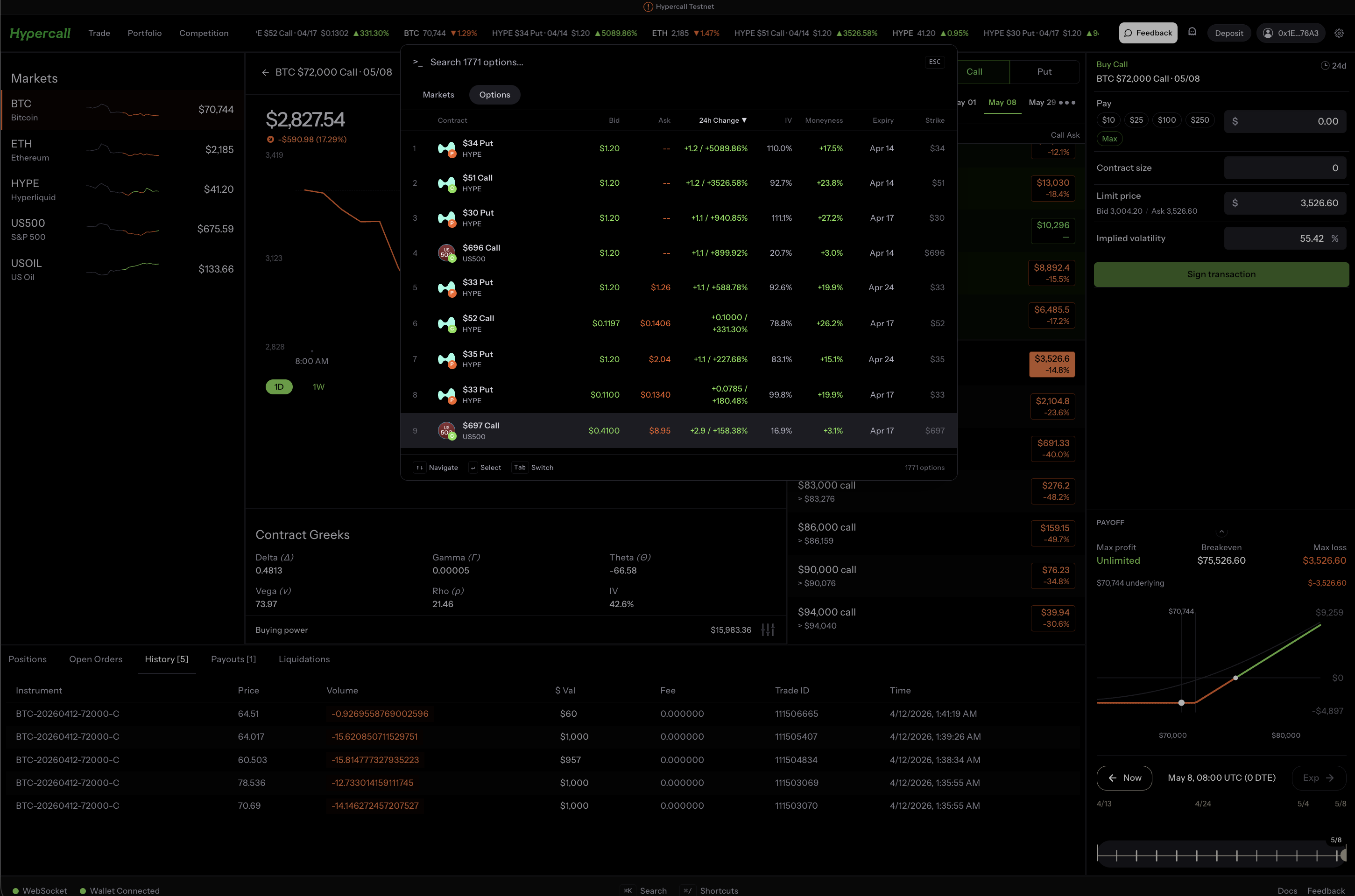 Command palette open with search results showing calls and puts