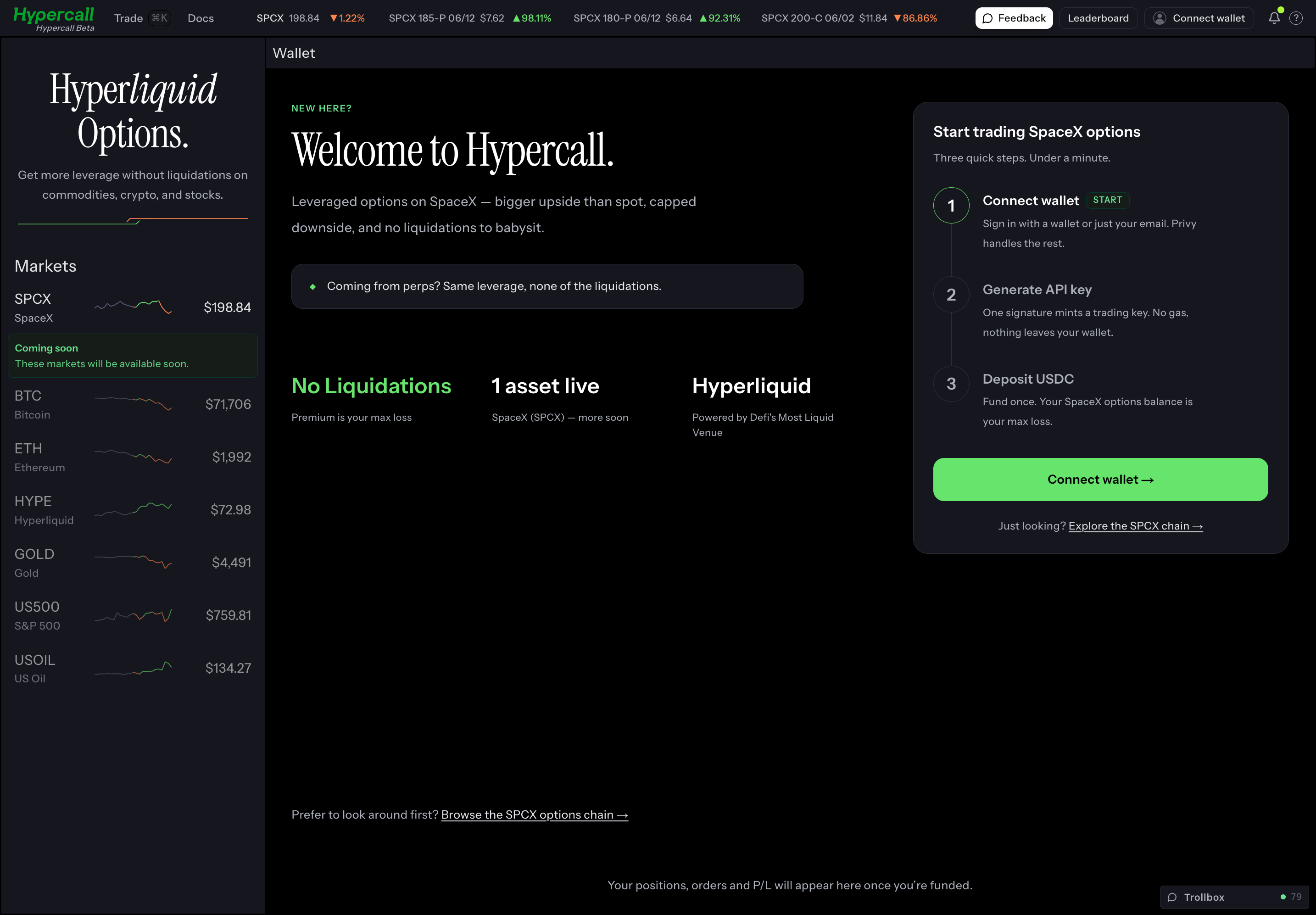 SPCX options trading surface on Hypercall mainnet