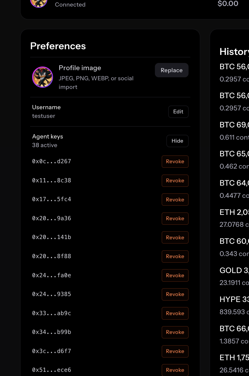Agent keys panel showing 38 active keys with individual Revoke buttons