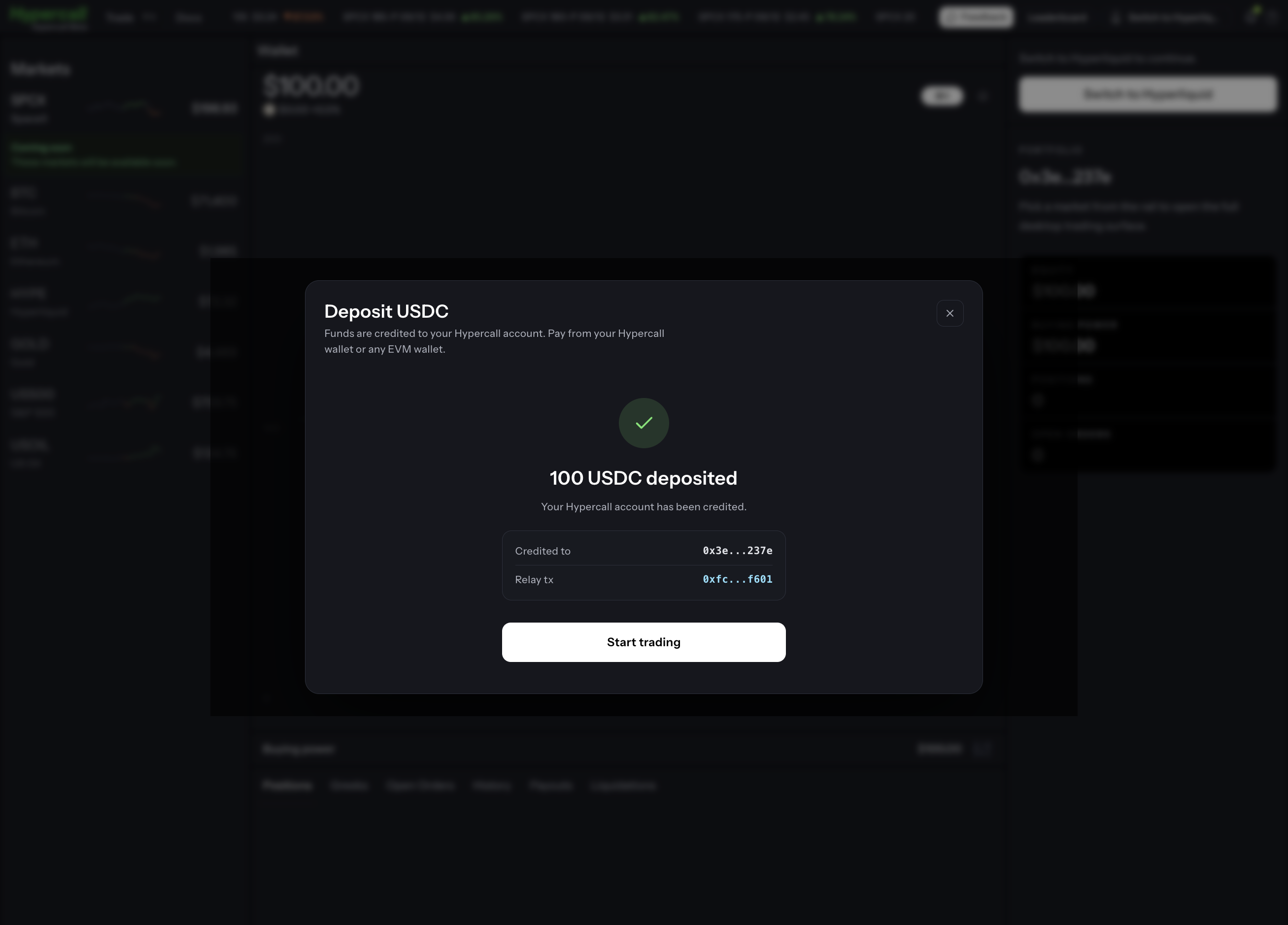 USDC deposit completed and ready to start trading