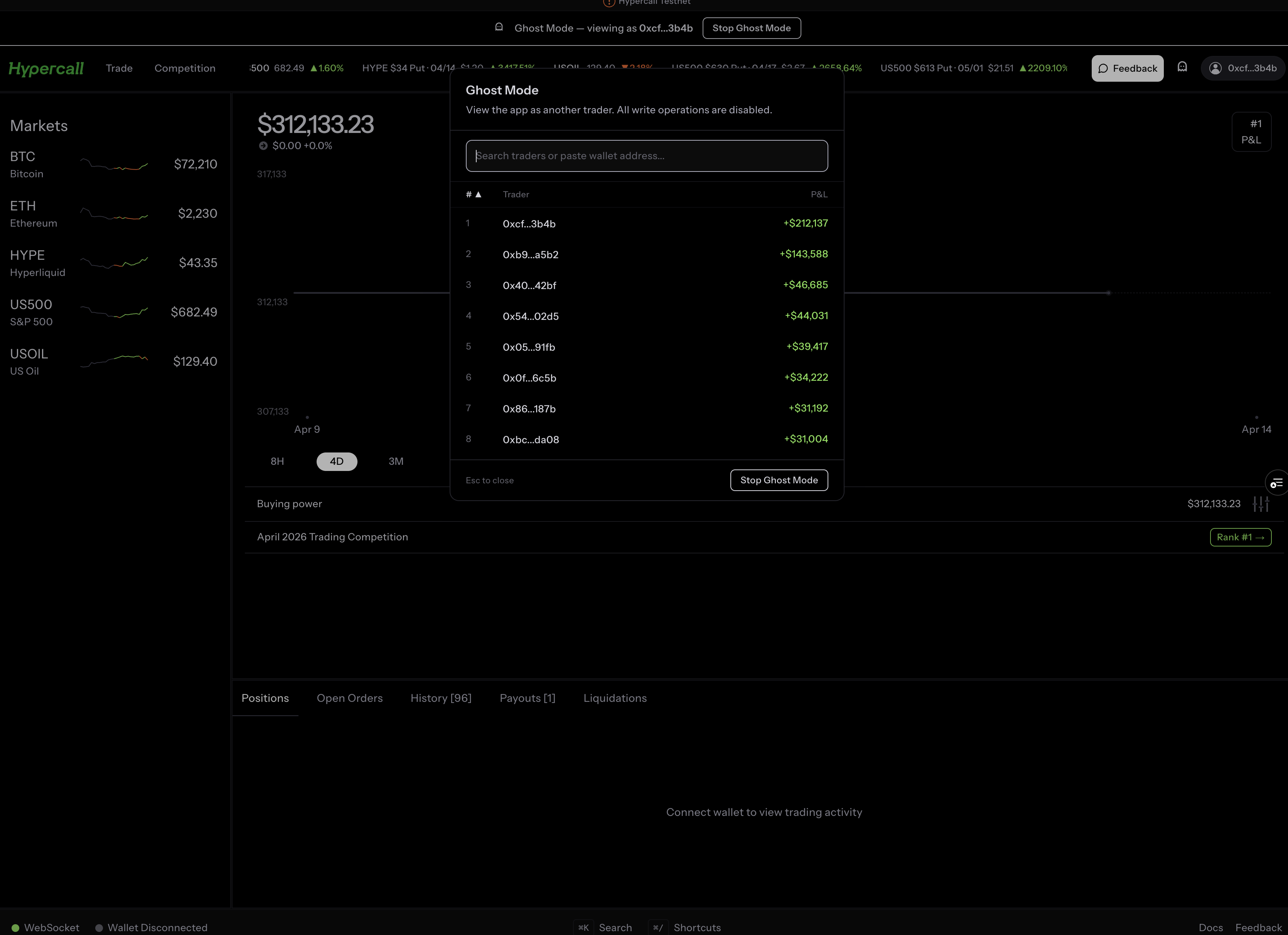 Ghost mode showing a trader's $311k portfolio with P&L chart and trade history