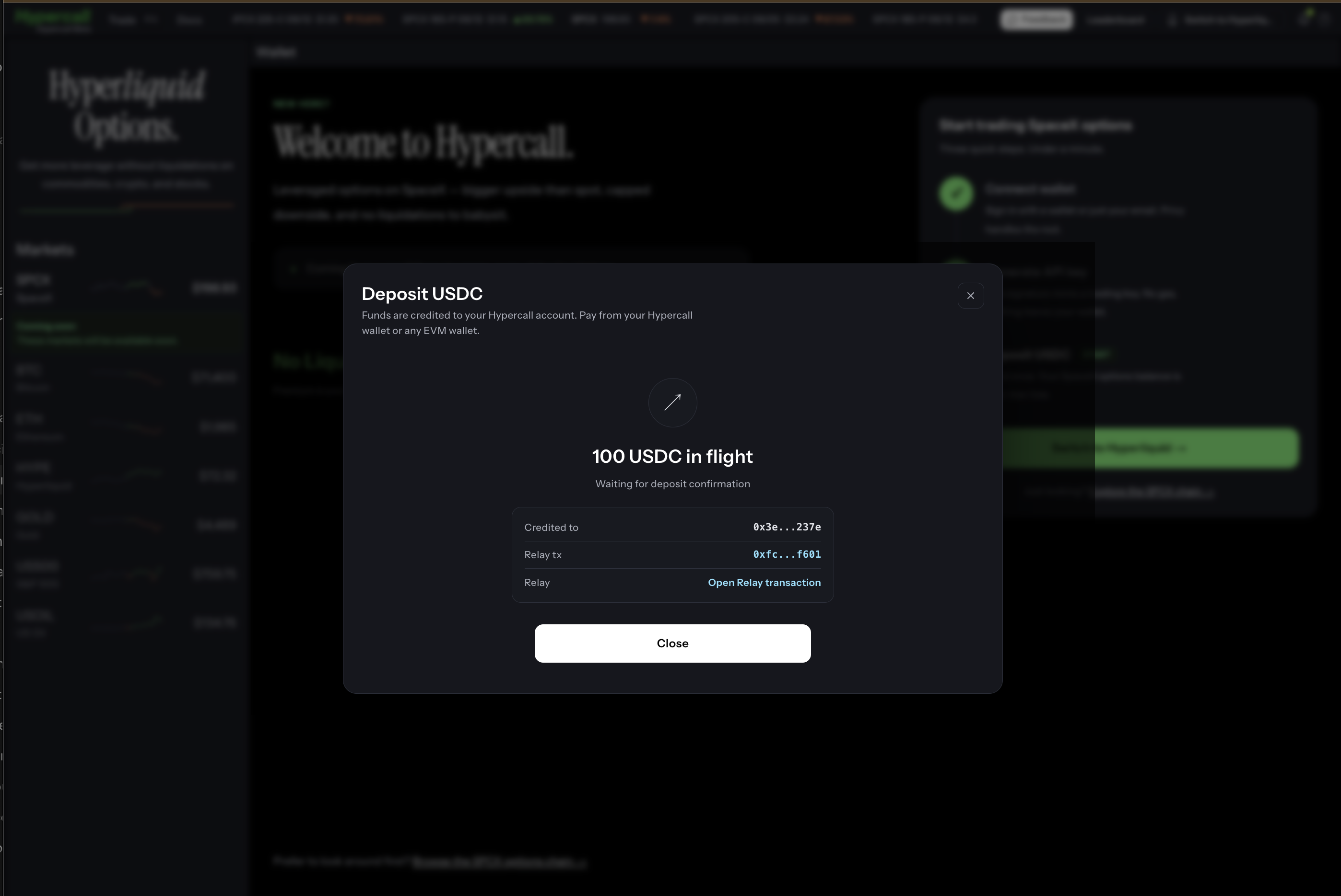 USDC deposit in flight with Relay transaction status