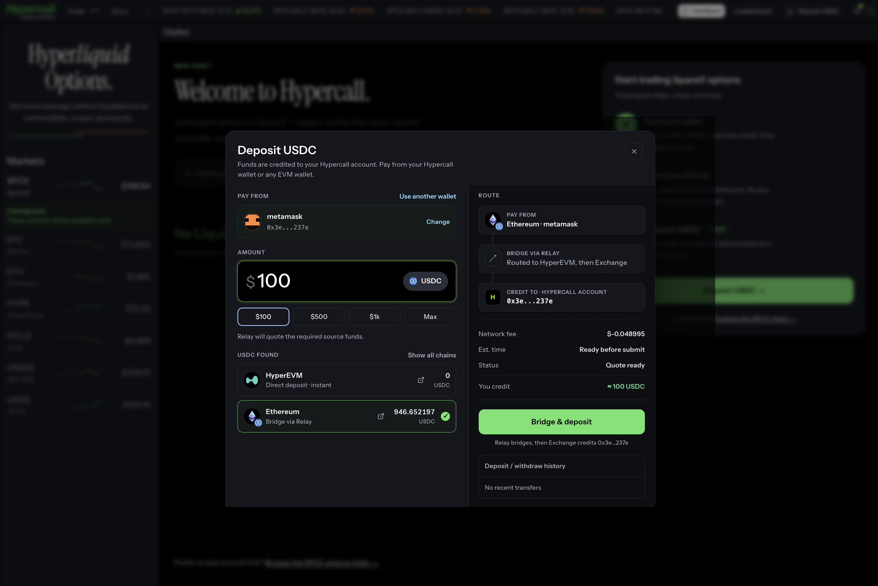 Deposit USDC route from Ethereum through Relay into a Hypercall account