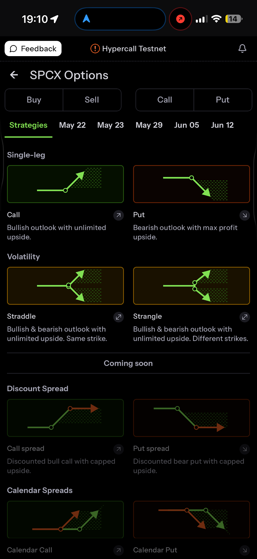 SPCX strategy gallery on mobile showing single-leg, volatility, spread, and calendar strategies