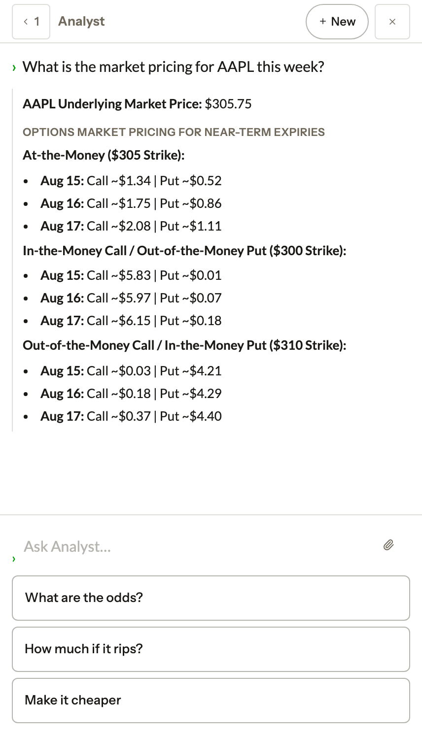 Analyst answering what the market is pricing for AAPL this week, with call and put prices per strike and expiry from the live chain