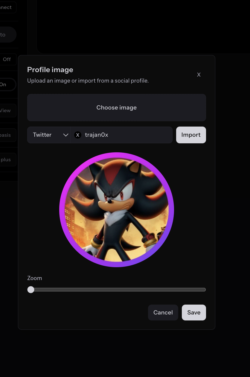 Profile image upload modal with circular crop, zoom slider, and Twitter import